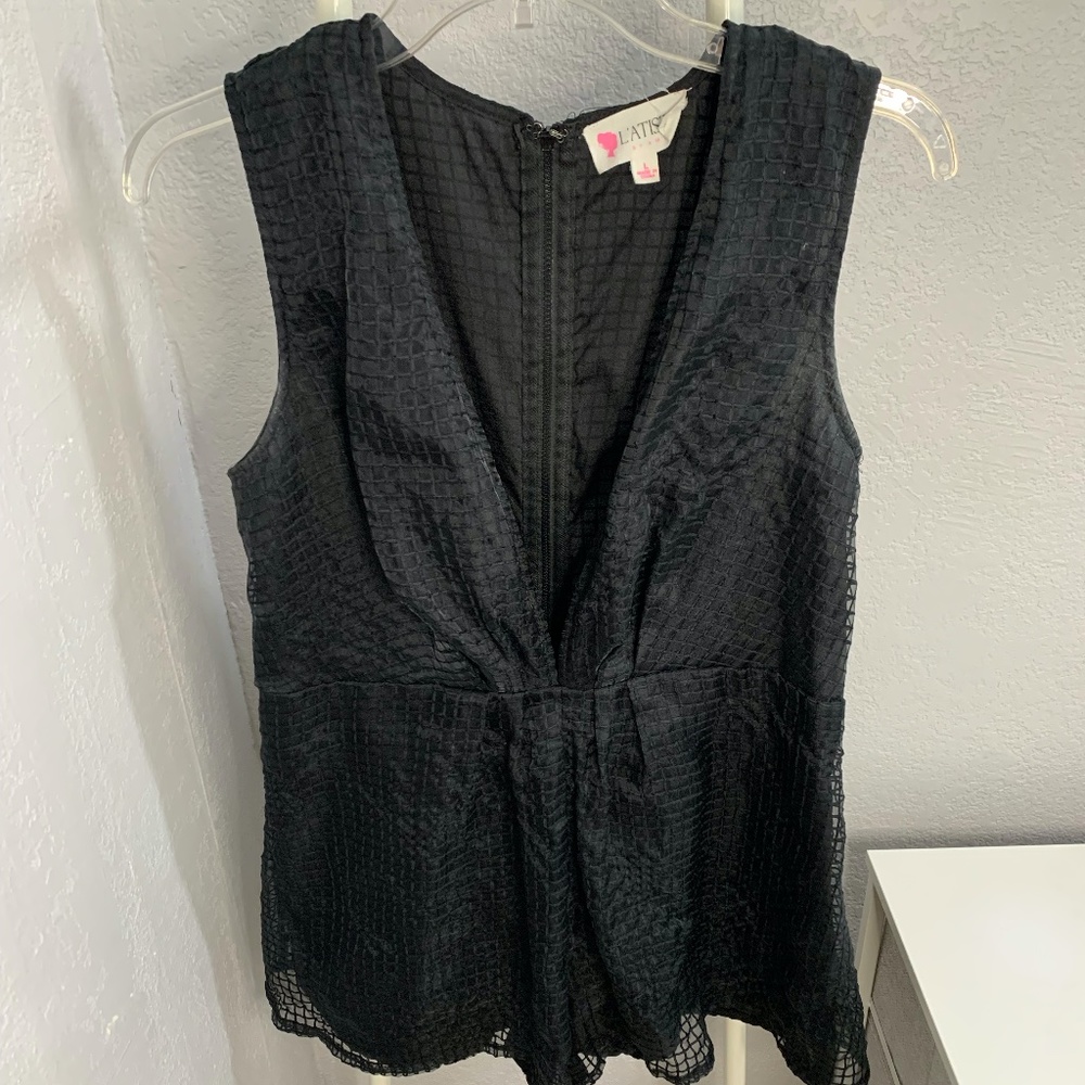 L’atiste Black Sheer Romper with Plunge, Size Large
